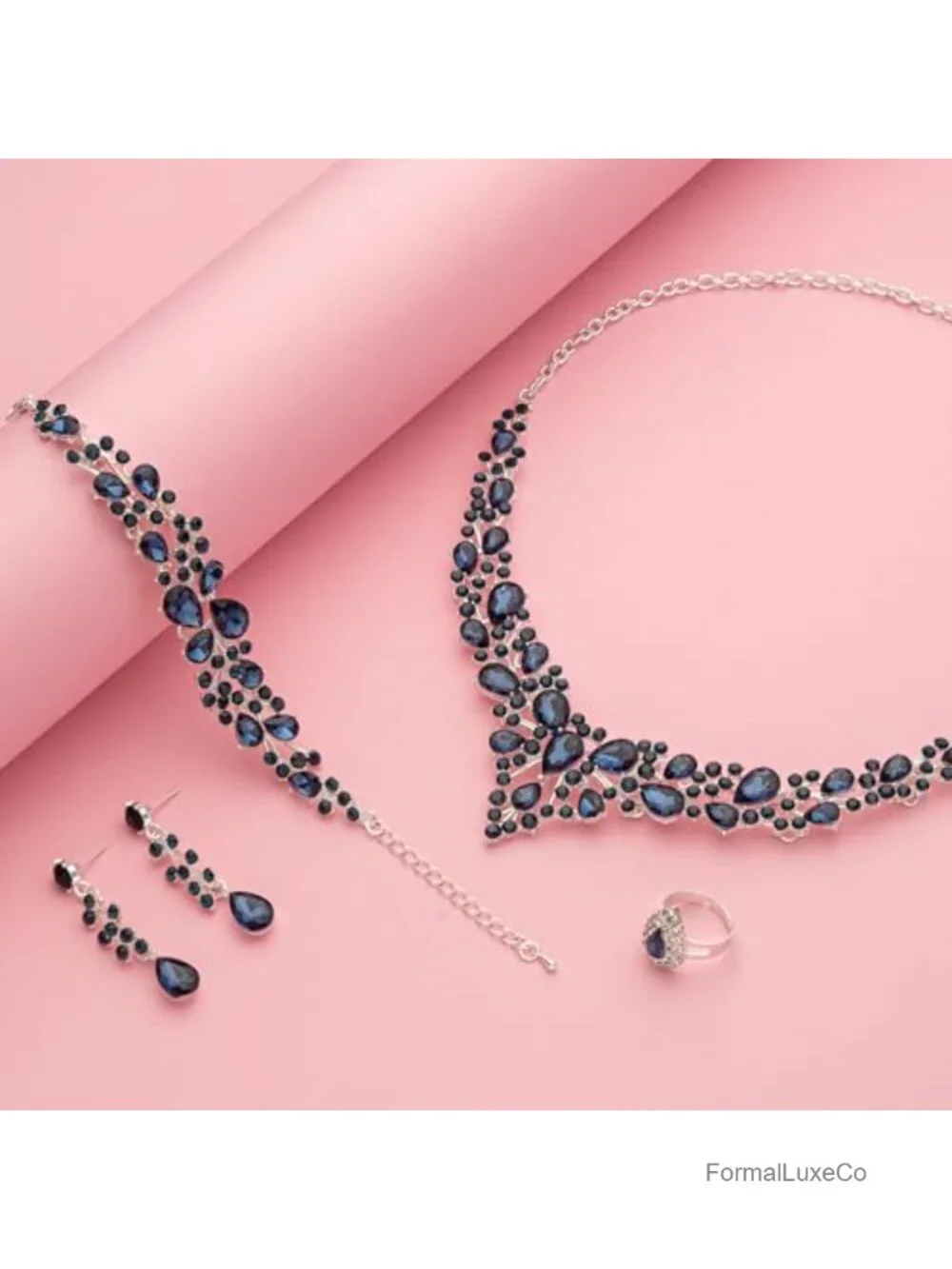 Crystal Bridal Jewelry Set with Teardrop Choker Necklace Earrings Bracelet Ring